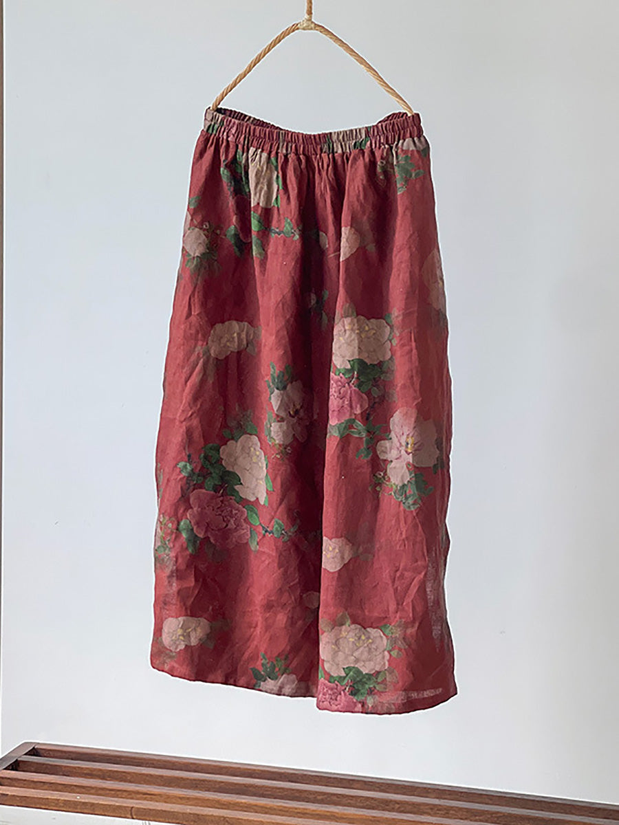 Plus Size Women Summer Vintage Flower Loose 100%Linen Skirt