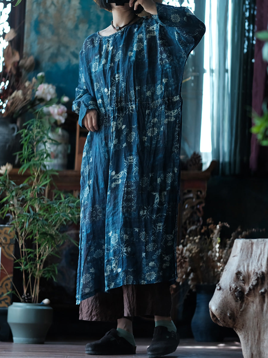 Women Spring Vintage Flower Loose Ramie Dress