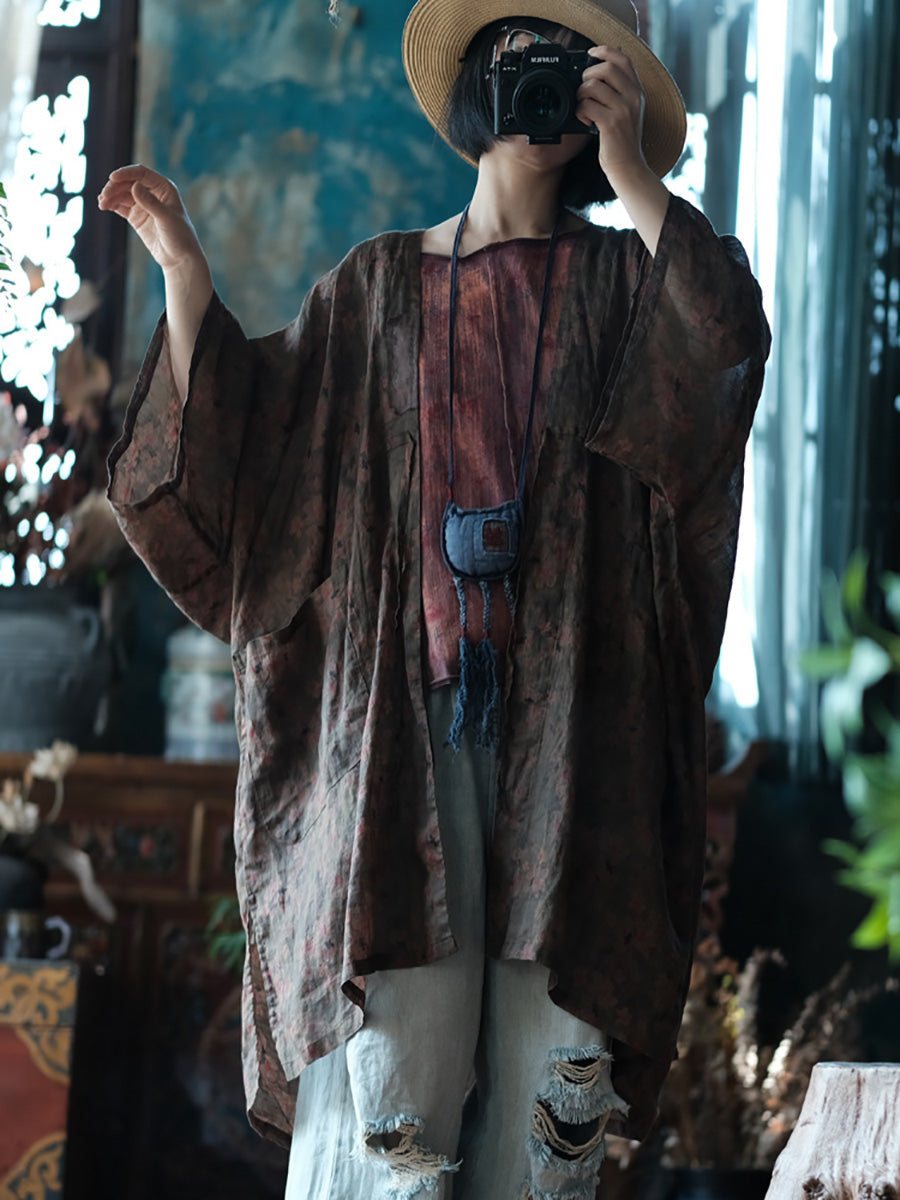 Women Summer Ethnic Flower Loose Ramie Shirt Coat