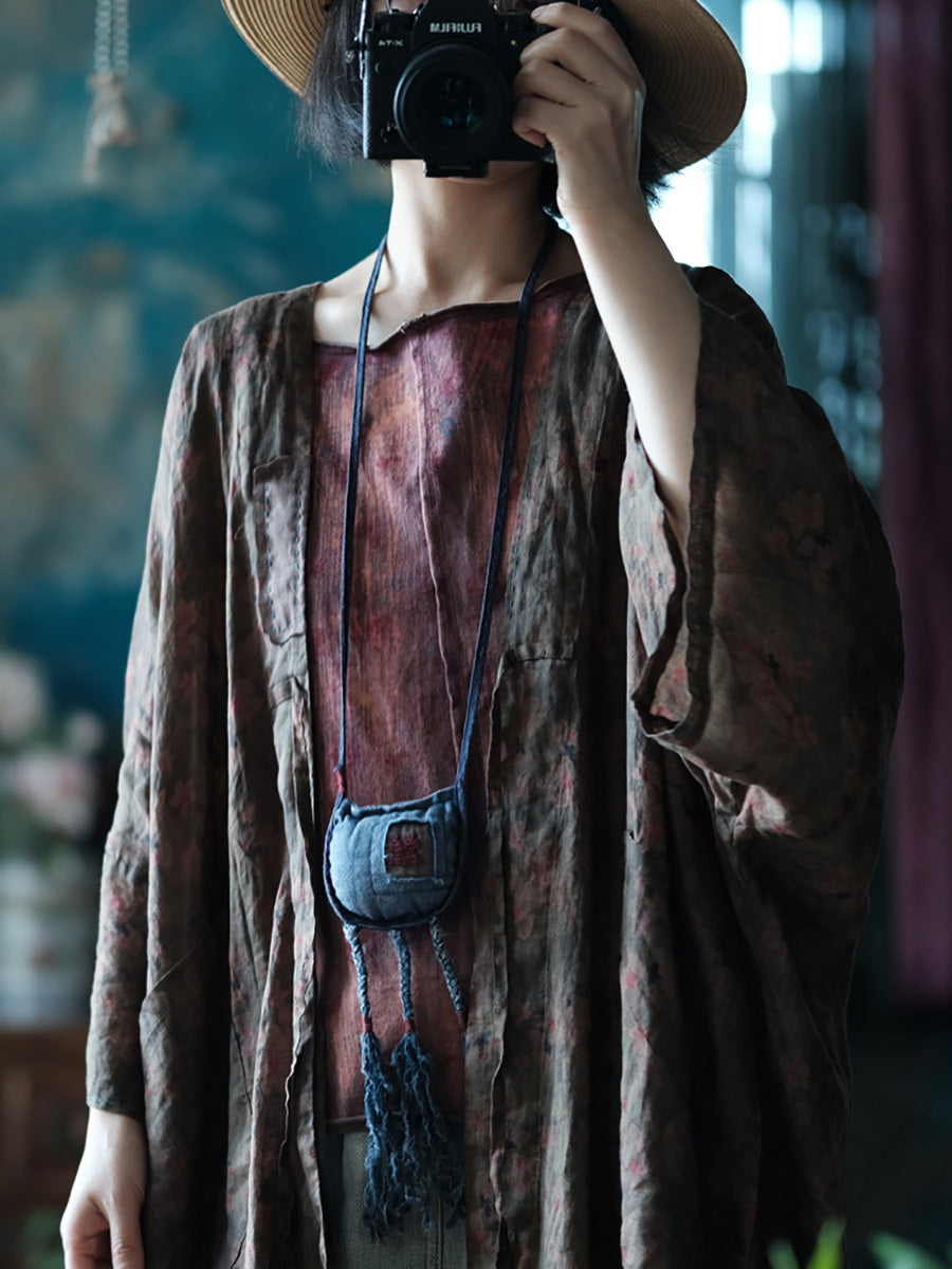Women Summer Ethnic Flower Loose Ramie Shirt Coat