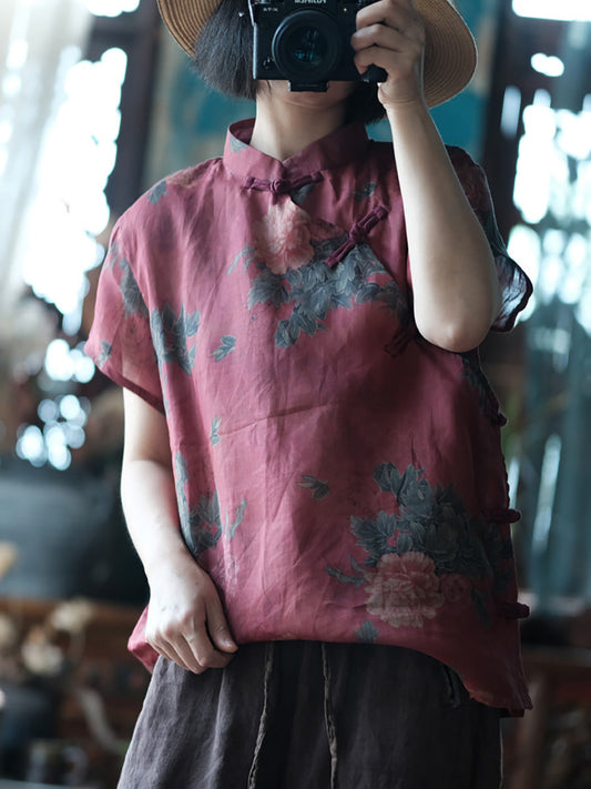 Women Summer Flower Stand Collar Button Ramie Shirt