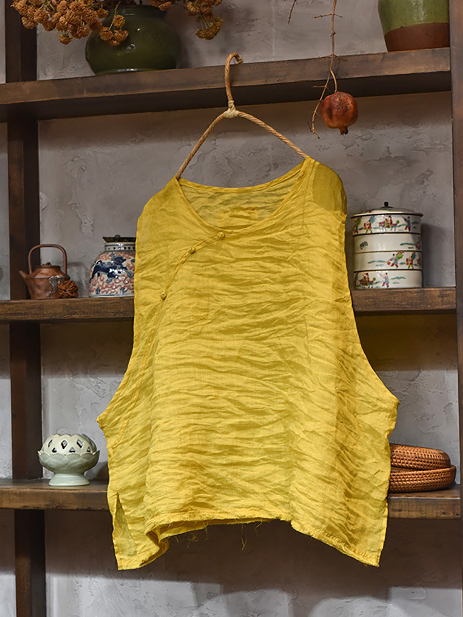 Women Summer Ethnic Solid Slant Spliced Ramie Vest
