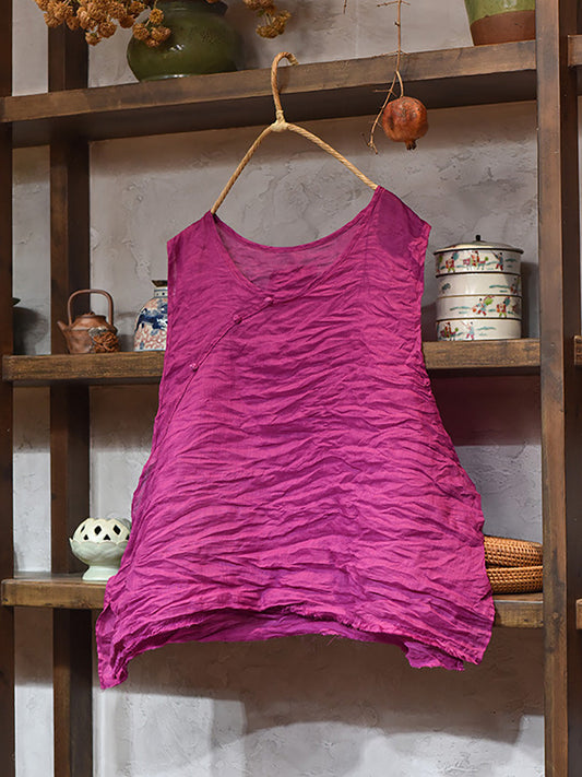 Women Summer Ethnic Solid Slant Spliced Ramie Vest