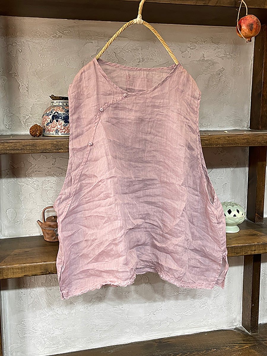 Women Summer Ethnic Solid Slant Spliced Ramie Vest