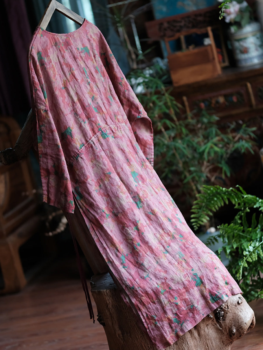 Women Summer Flower Split Hem Strap Ramie Robe