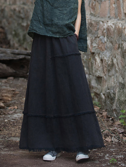 Women Summer Retro Solid Raw-edge Skirt