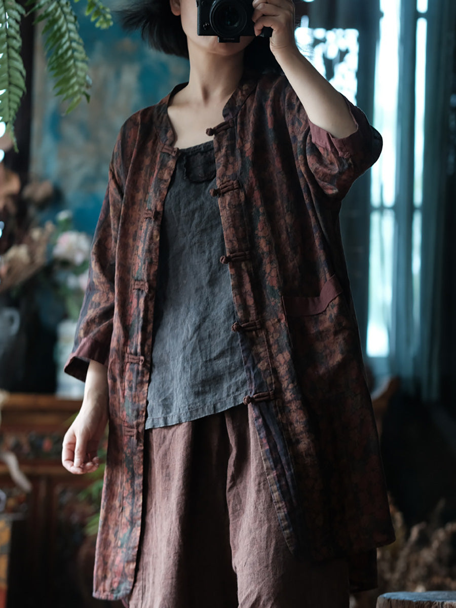 Women Ethnic Summer Flower Button-up Ramie Shirt