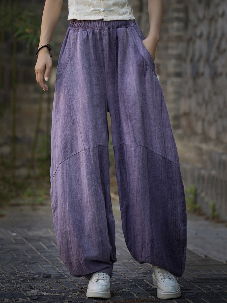 Plus Size Women Summe Vintage Tie-dye Spliced Ramie Bloomers