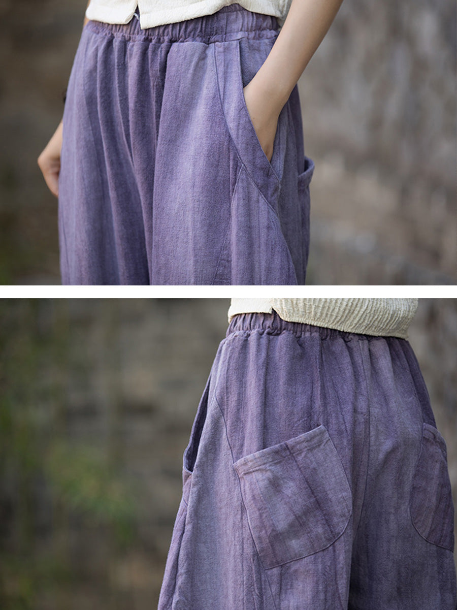 Plus Size Women Summe Vintage Tie-dye Spliced Ramie Bloomers