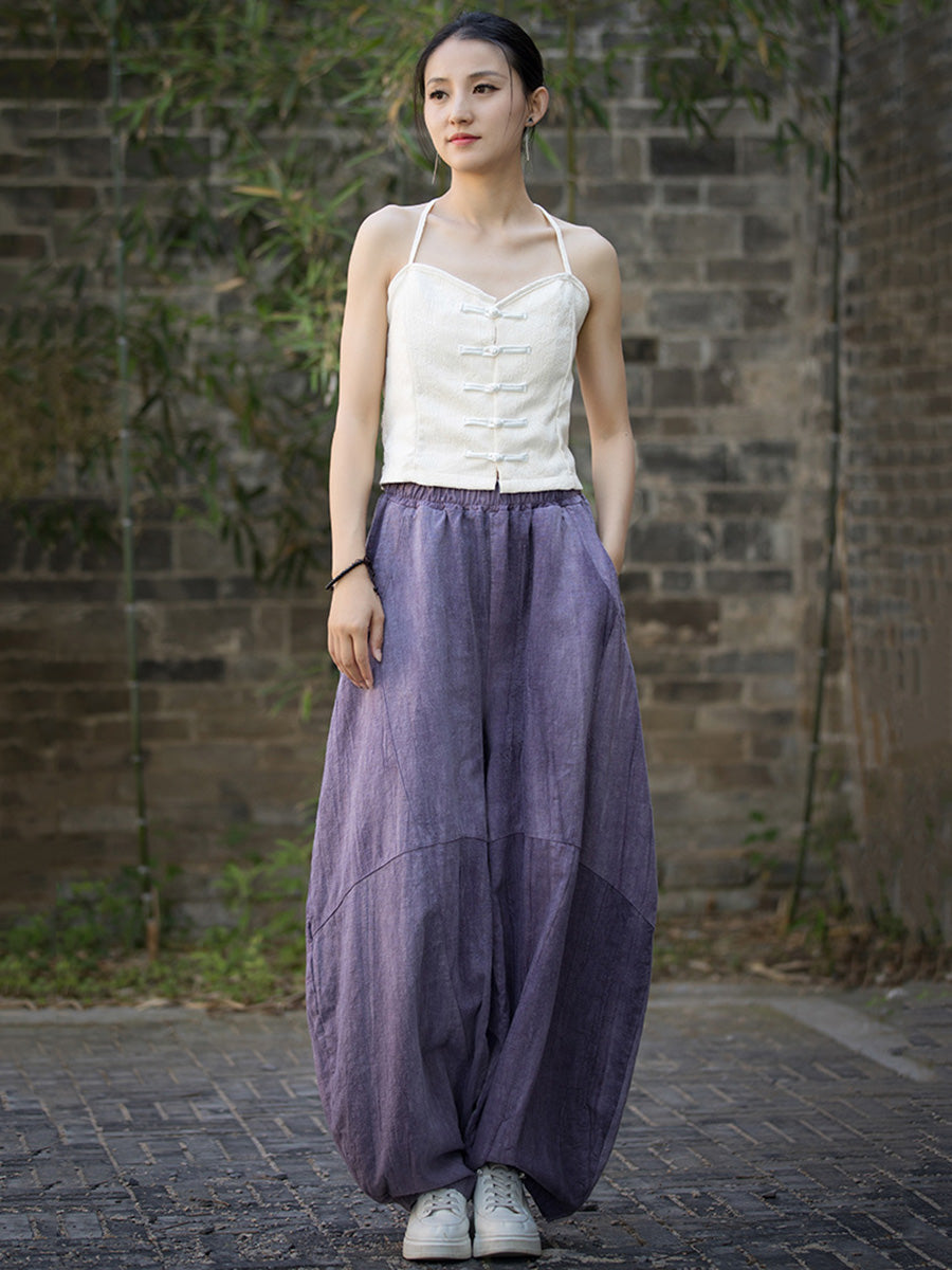 Plus Size Women Summe Vintage Tie-dye Spliced Ramie Bloomers