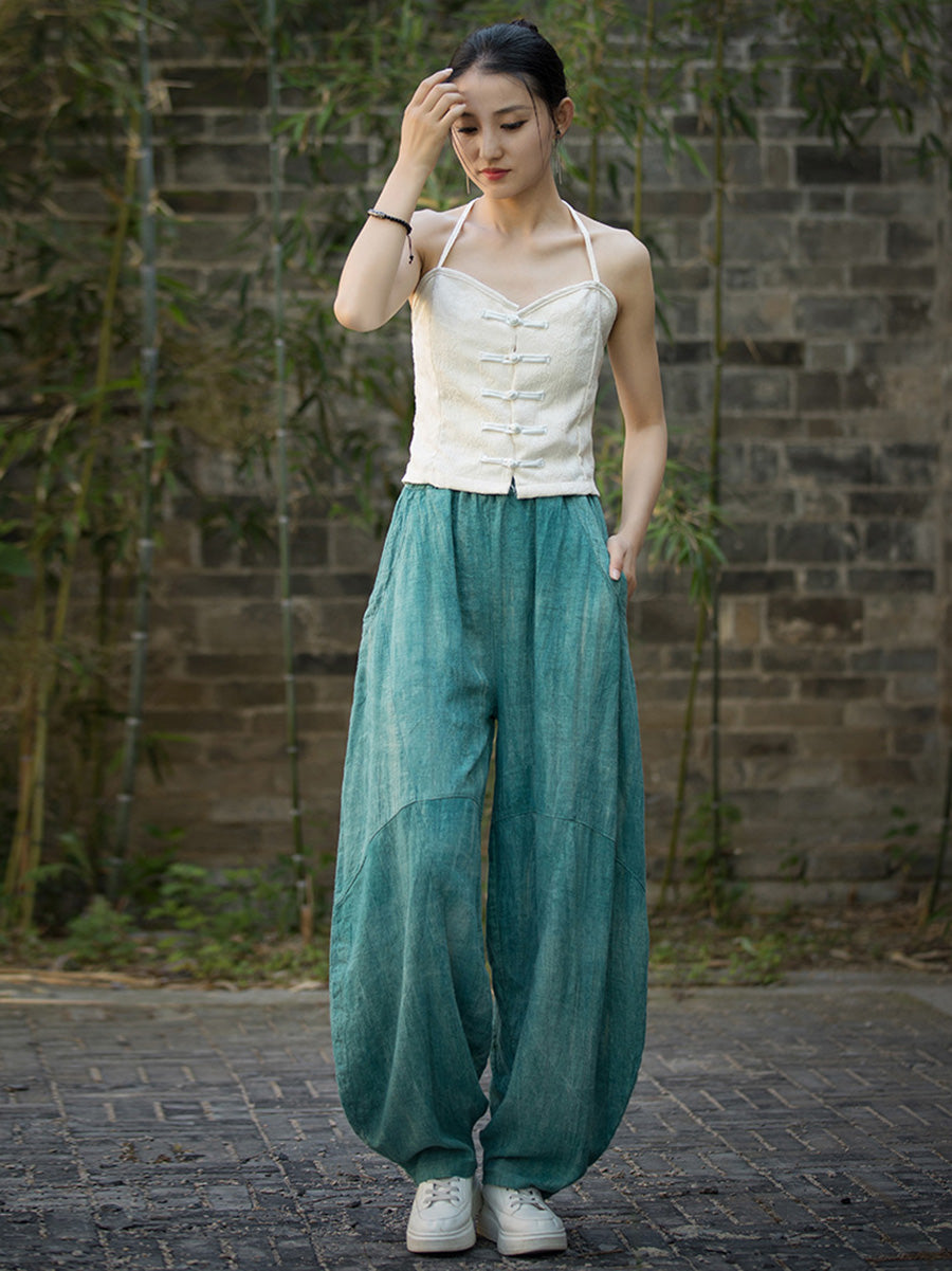 Plus Size Women Summe Vintage Tie-dye Spliced Ramie Bloomers