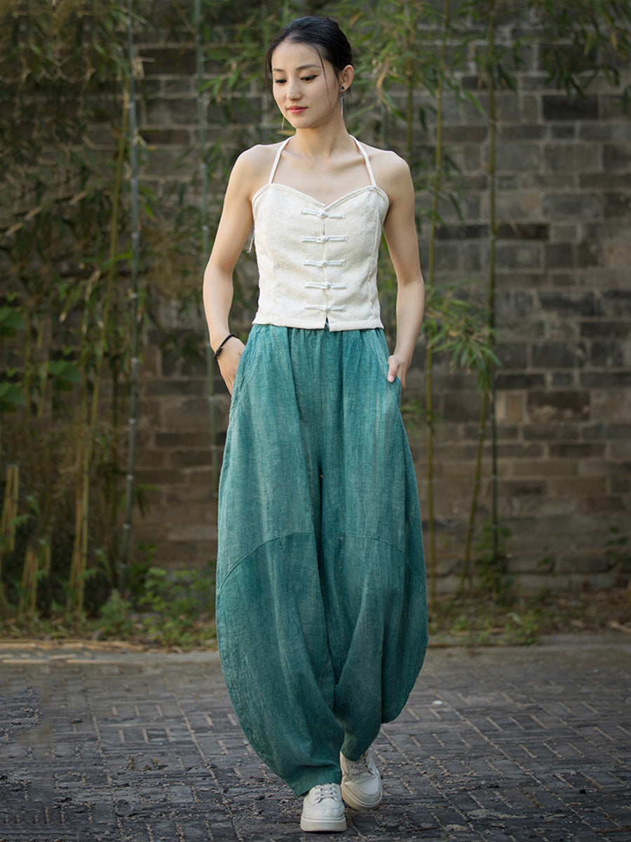 Plus Size Women Summe Vintage Tie-dye Spliced Ramie Bloomers