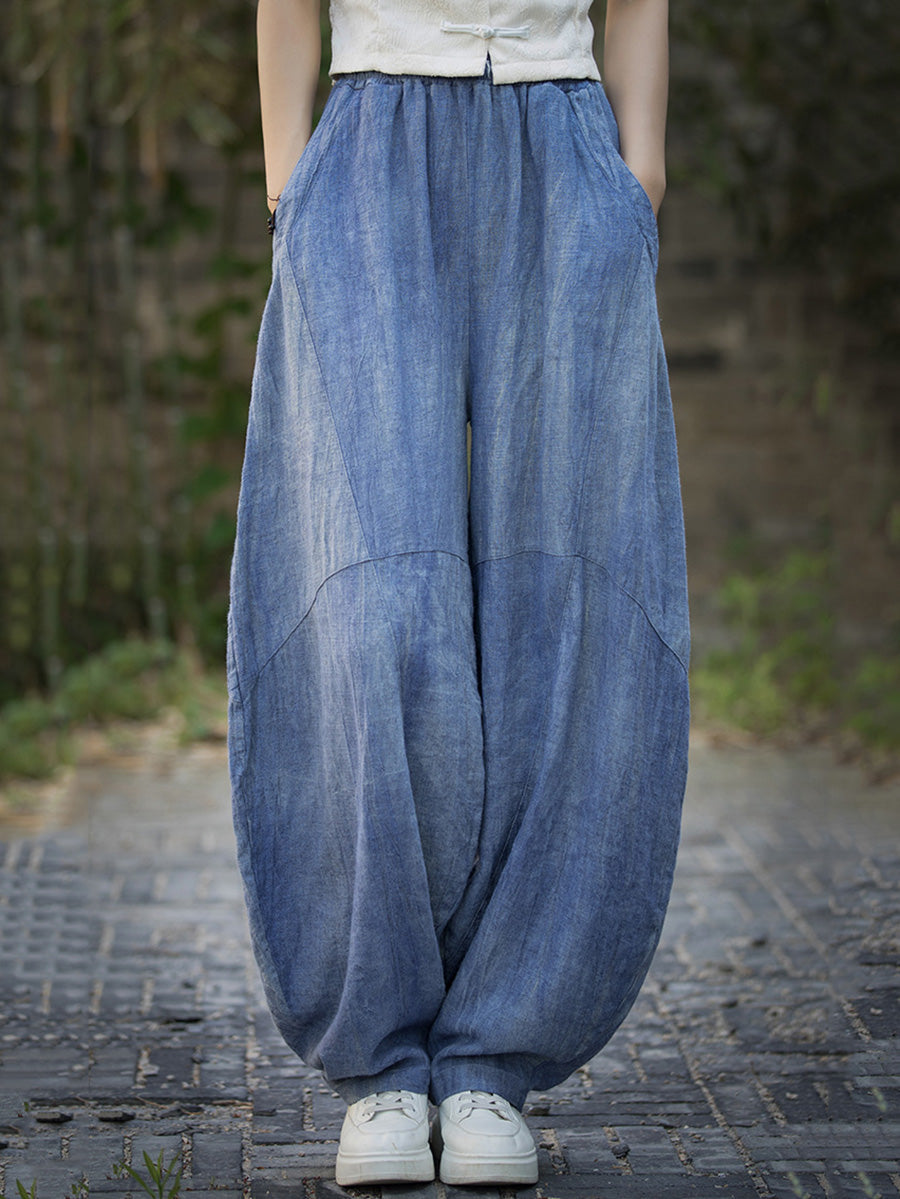 Plus Size Women Summe Vintage Tie-dye Spliced Ramie Bloomers