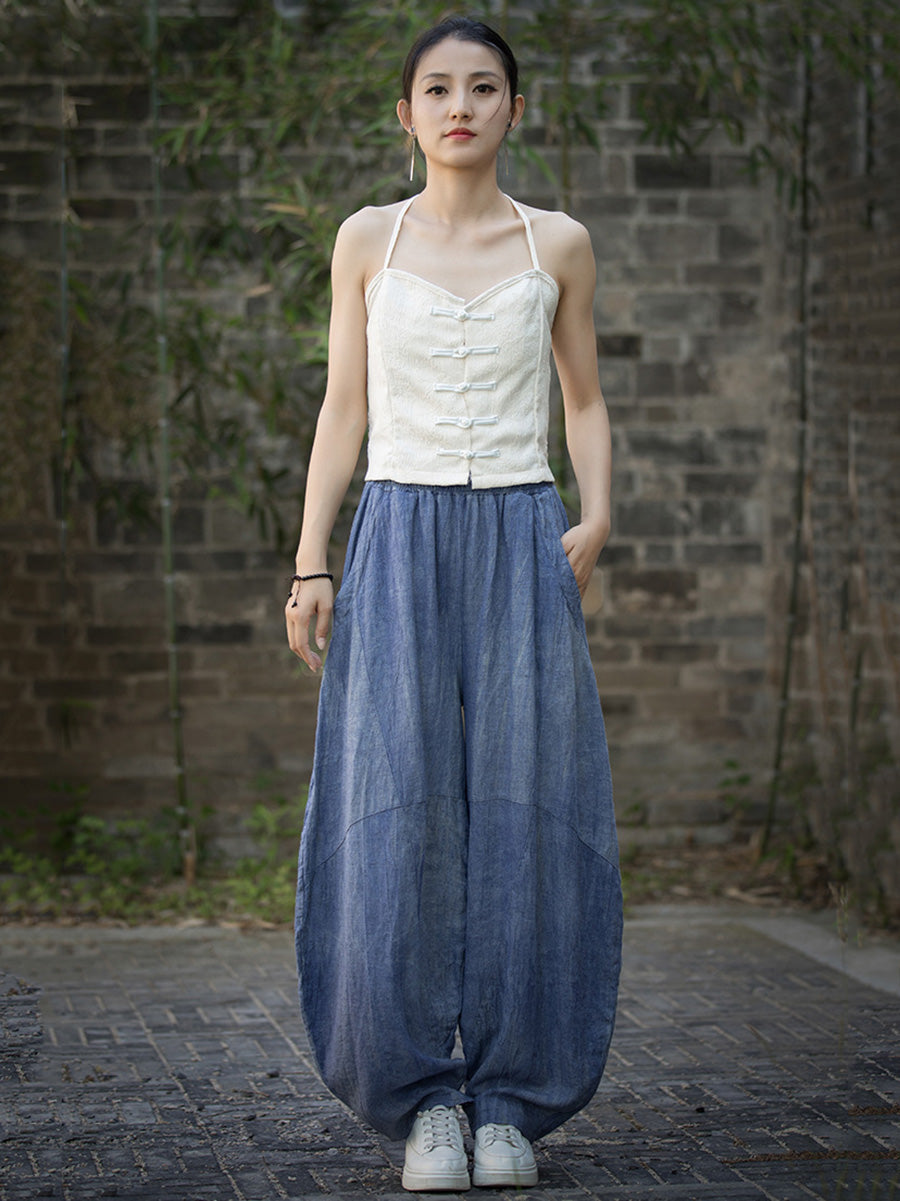 Plus Size Women Summe Vintage Tie-dye Spliced Ramie Bloomers