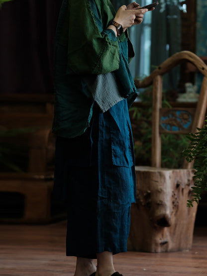 Women Summer Vintage Solid Spliced Ramie Wide-leg Pants