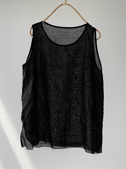 Women Summer Vintage Solid O-Neck Ramie Vest