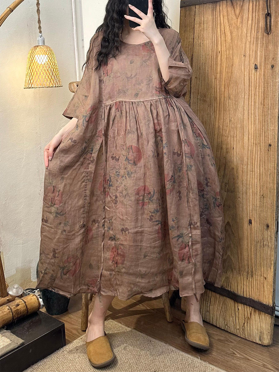 Plus Size Women Summer Vintage Flower Strap O-Neck Ramie Dress