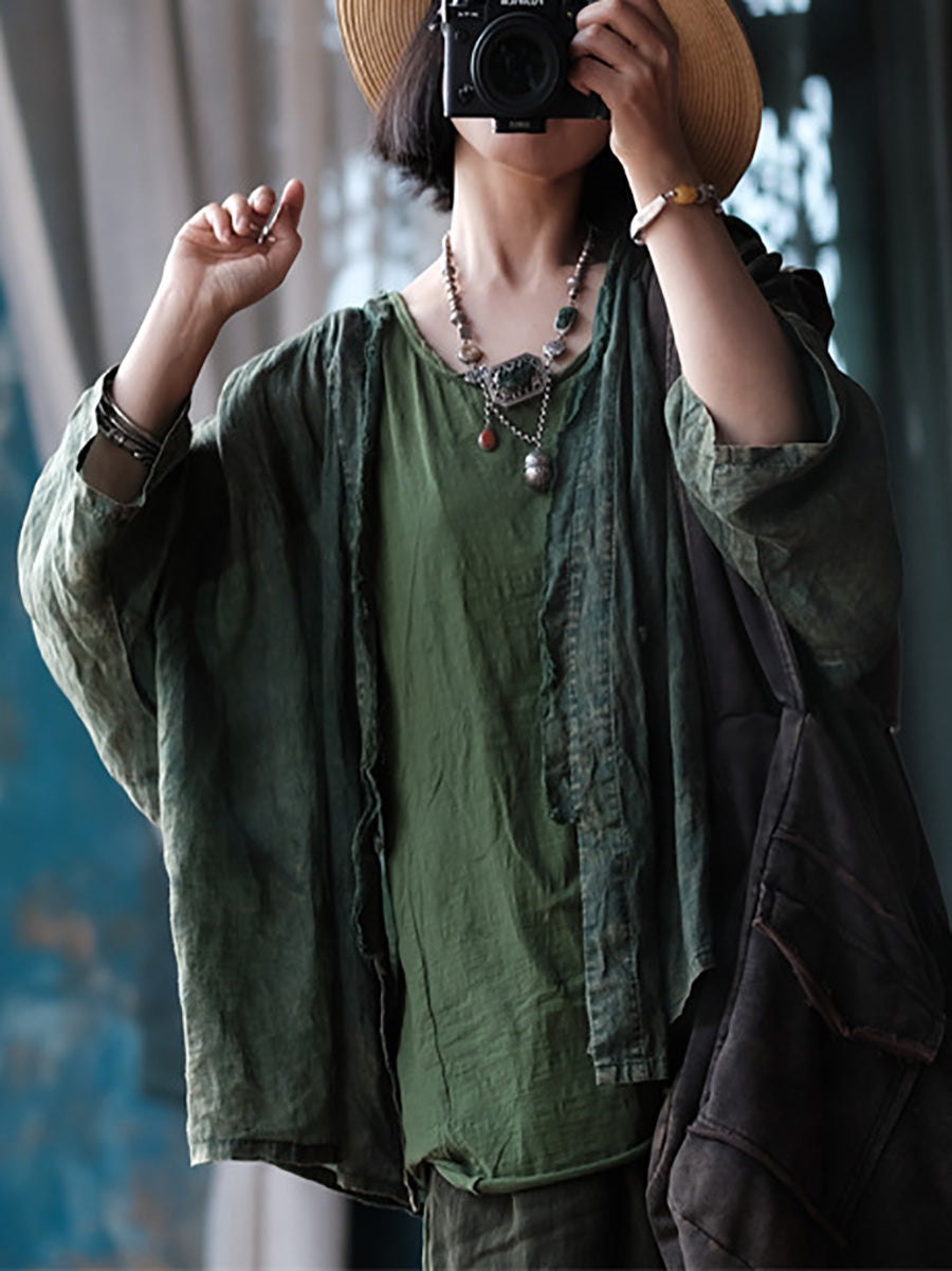 Women Summer Retro Worn Raw-edge Ramie Shirt Coat