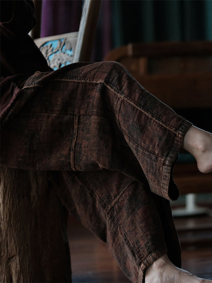 Women Summer Vintage Print Spliced Cotton Wide-leg Pants