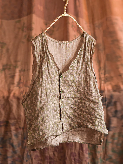 Women Artsy Floral Summer Ramie V-Neck Vest