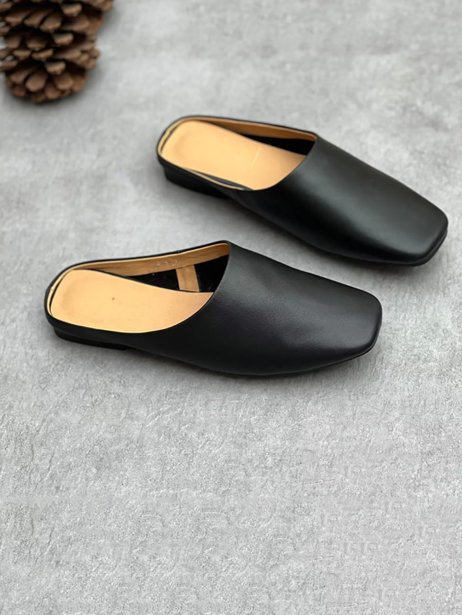 Women Summer Casual Solid Soft Genuine Leather Slippers