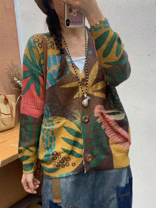 Women Autumn Flower Spliced V-Neck Knit Cardigan Sweater