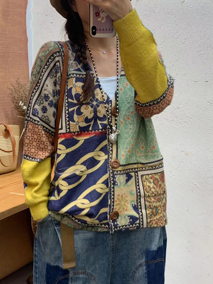 Women Autumn Flower Spliced V-Neck Knit Cardigan Sweater