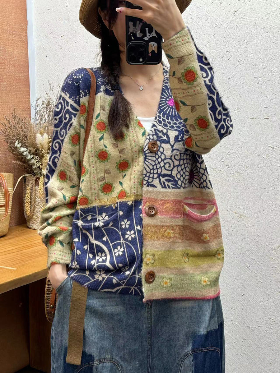 Women Autumn Vintage Flower V-Neck Knit Cardigan Sweater
