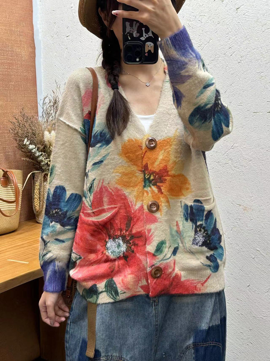 Women Autumn Vintage Flower V-Neck Knit Cardigan Sweater