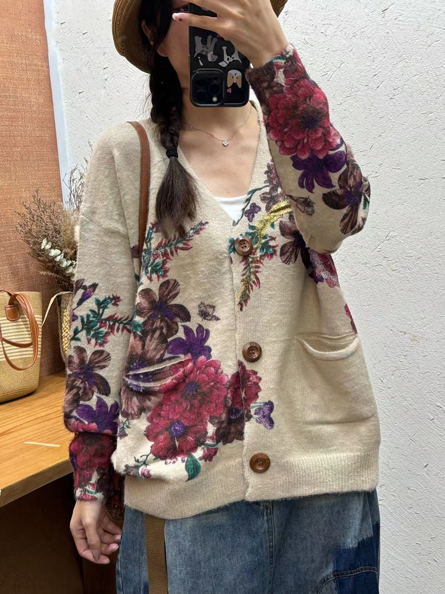 Women Autumn Vintage Flower V-Neck Knit Cardigan Sweater