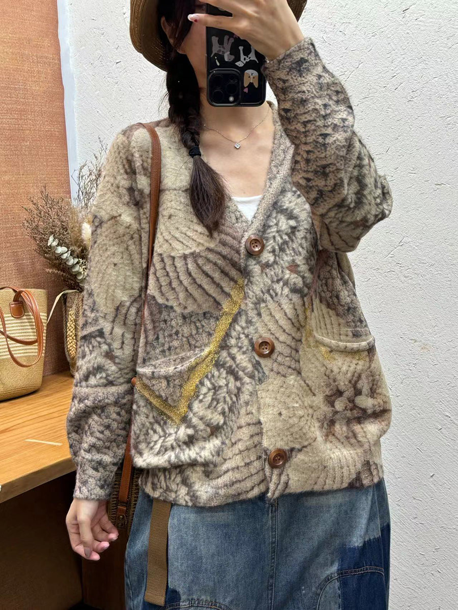 Women Autumn Vintage Flower V-Neck Knit Cardigan Sweater
