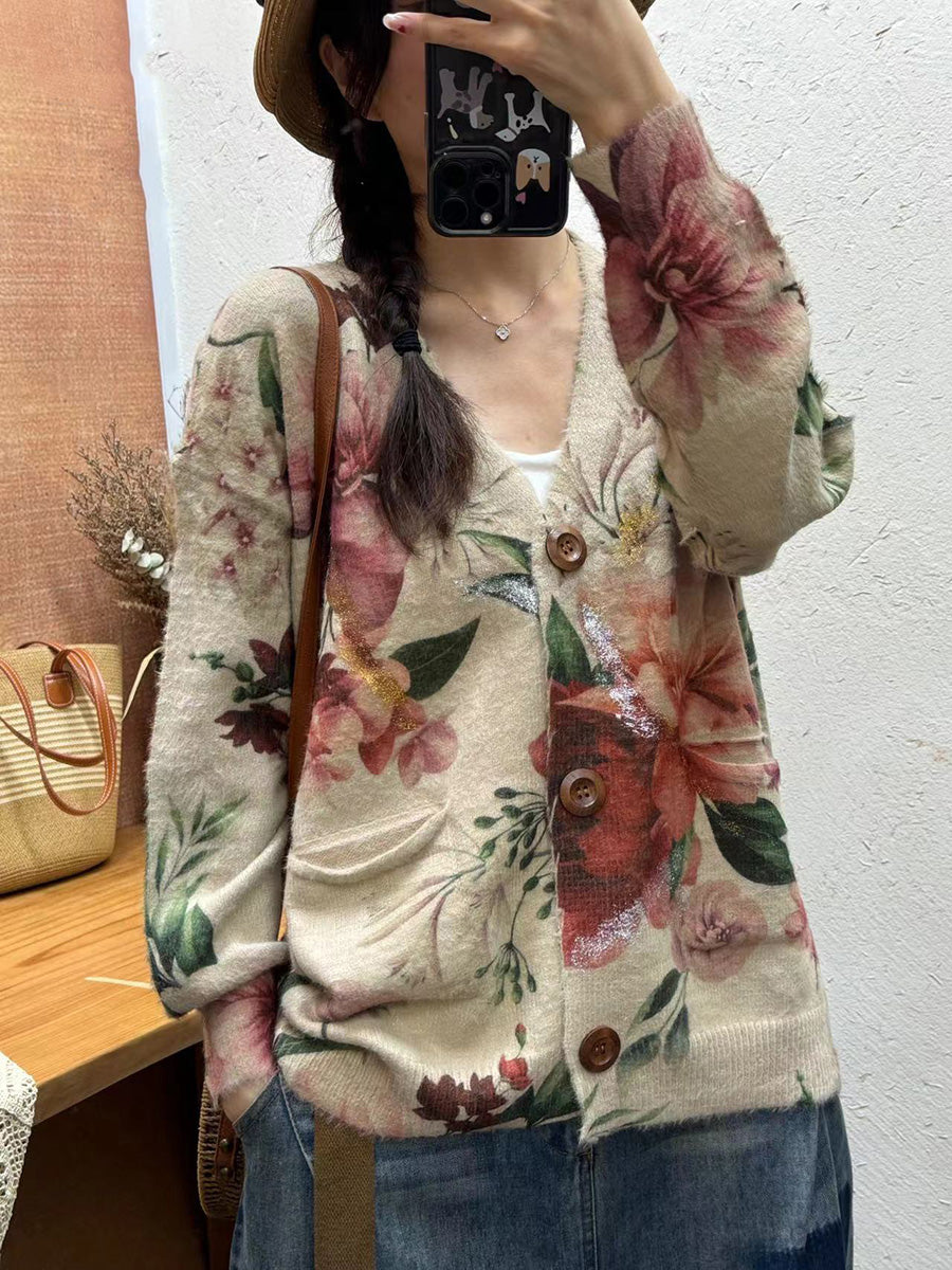 Women Autumn Vintage Flower V-Neck Knit Cardigan Sweater