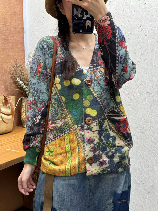 Women Autumn Vintage Flower V-Neck Knit Cardigan Sweater