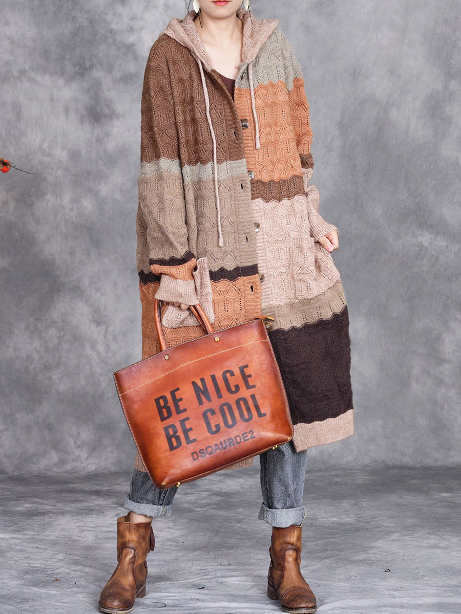Women Autumn Colorblock Knitted Hooded Sweater Long Coat
