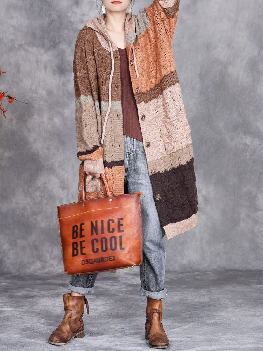 Women Autumn Colorblock Knitted Hooded Sweater Long Coat