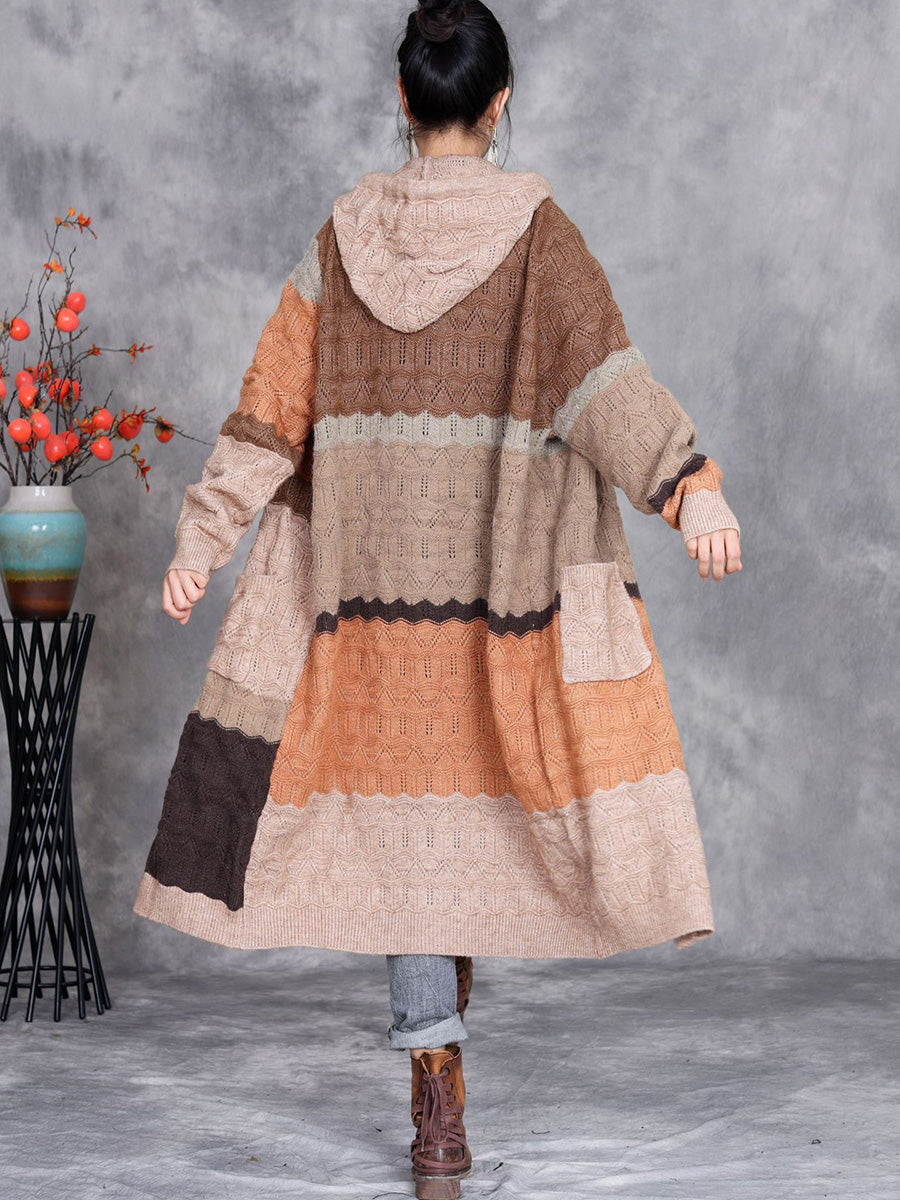 Women Autumn Colorblock Knitted Hooded Sweater Long Coat