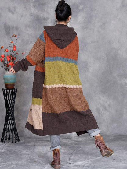 Women Autumn Colorblock Knitted Hooded Sweater Long Coat