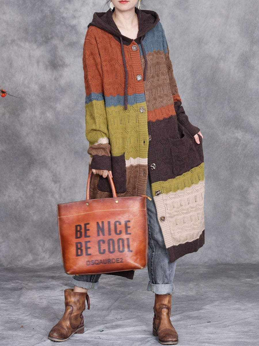 Women Autumn Colorblock Knitted Hooded Sweater Long Coat