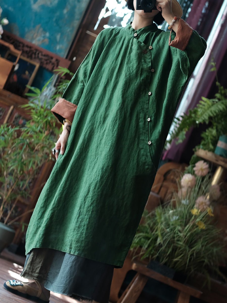 Women Autumn Vintage Solid Stand Collar Linen Robe Dress
