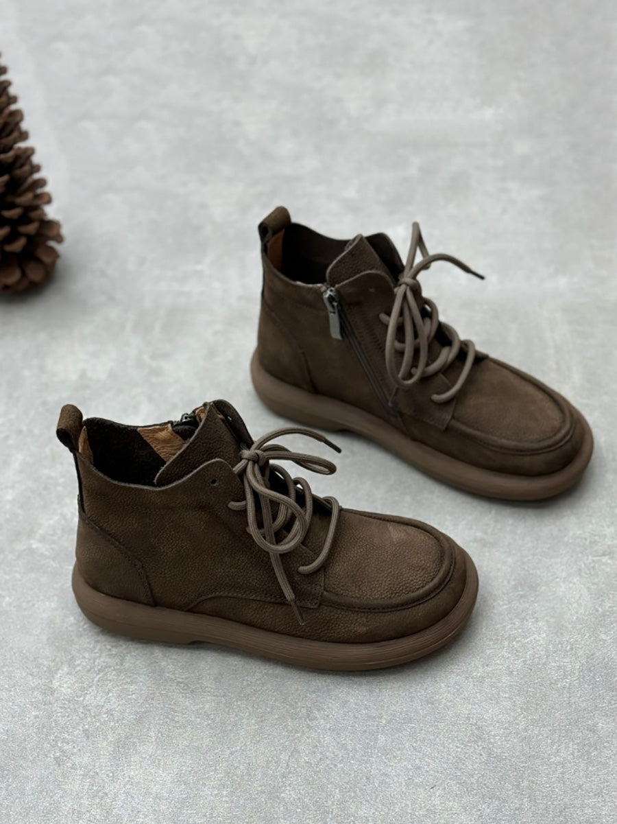 Women Winter Genuine Leather Strap Zipper Flat Boots