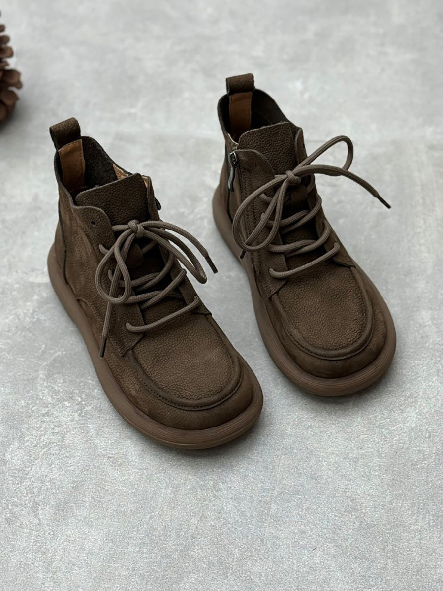 Women Winter Genuine Leather Strap Zipper Flat Boots