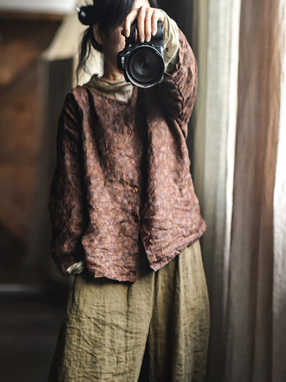 Women Vintage Autumn Flower Button-up Shirt