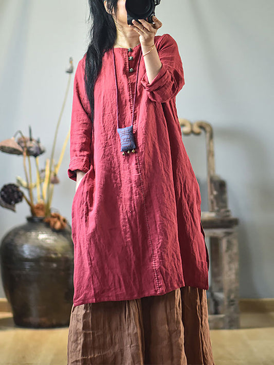 Women Vintage Autumn Solid O-Neck Buckle Dress