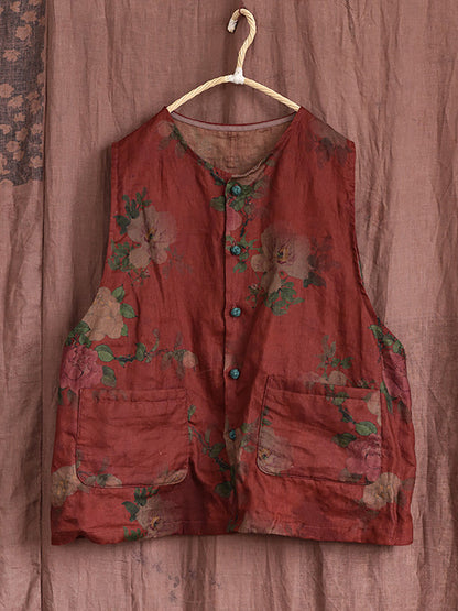 Women Vintage Flower O-Neck Thin Linen Vest
