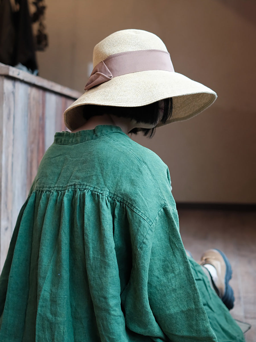 Women Autumn Vintage Green O-Neck Linen Robe Dress