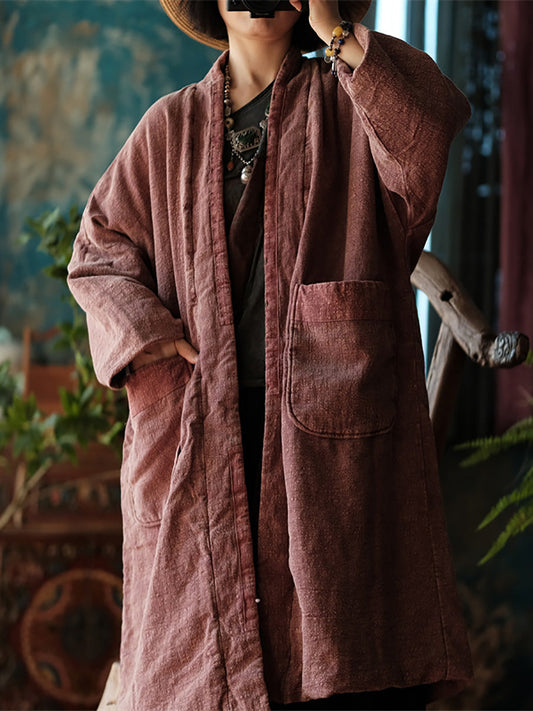 Women Autumn Vintage Pure Color V-Neck Linen Long Coat