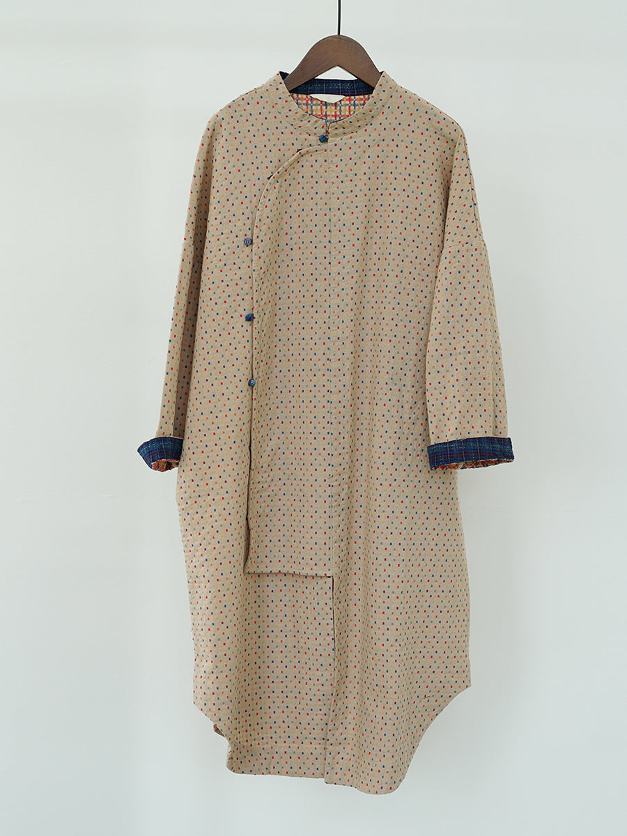 Women Vintage Autumn Dot Irregular Spliced Cotton Robe Dress