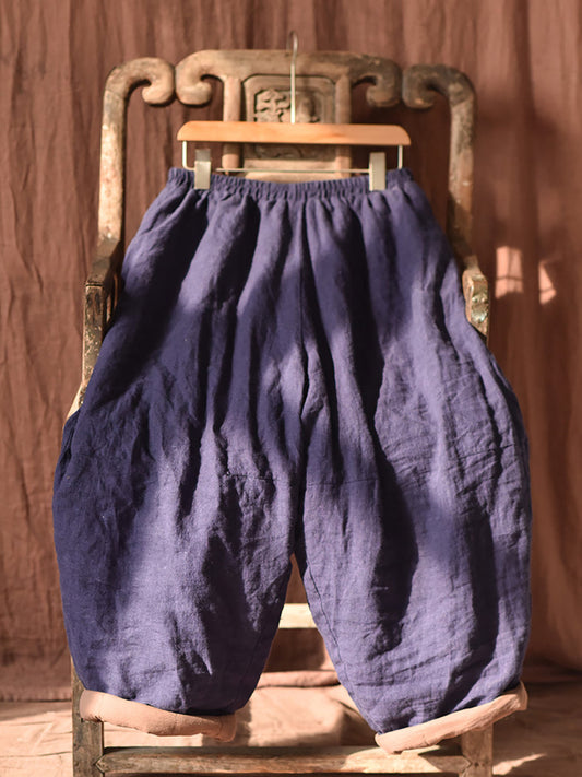 Women Autumn Retro Pure Color Padded Linen Harem Pants