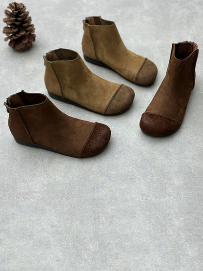 Women Vintage Solid Leather Spliced Ankle Boots