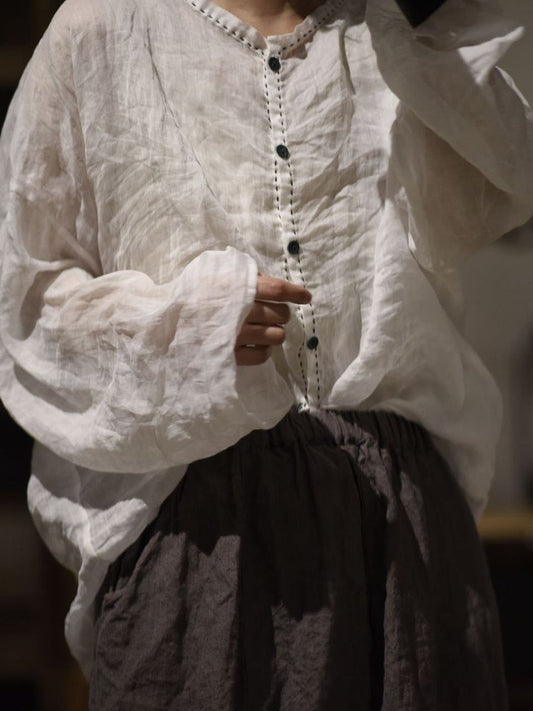 Plus Size Women Vintage Pure Color O-Neck Ramie Shirt